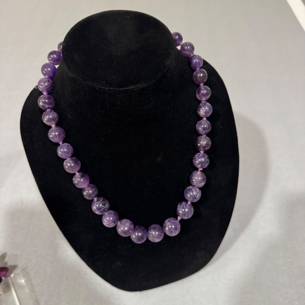 Vintage Amethyst China Export Necklace Women Purple Beaded Knotted Barrel Clasp